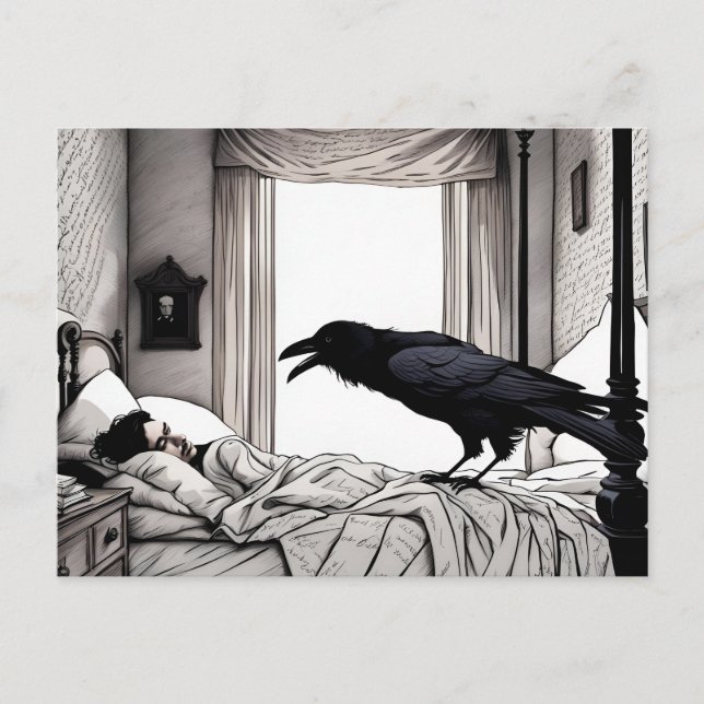 Raven Watching Sleeping Poe Postcard (Front)