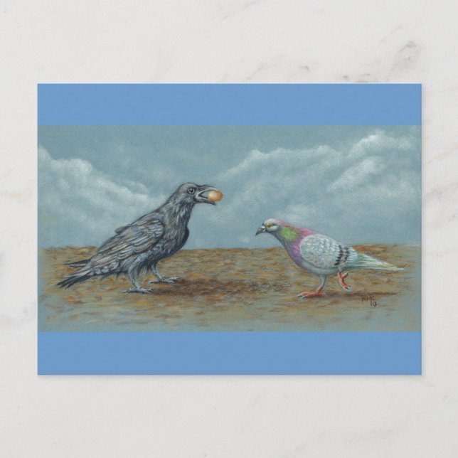 Raven with egg bothered by Pigeon Postcard (Front)