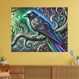 Raven with Iridescent Feathers in Enchanted Forest Canvas Print