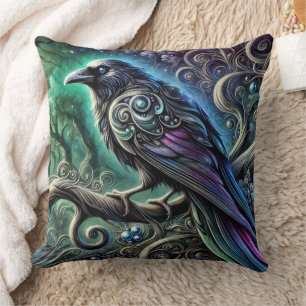 Raven with Iridescent Feathers in Enchanted Forest Cushion