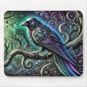 Raven with Iridescent Feathers in Enchanted Forest Mouse Pad