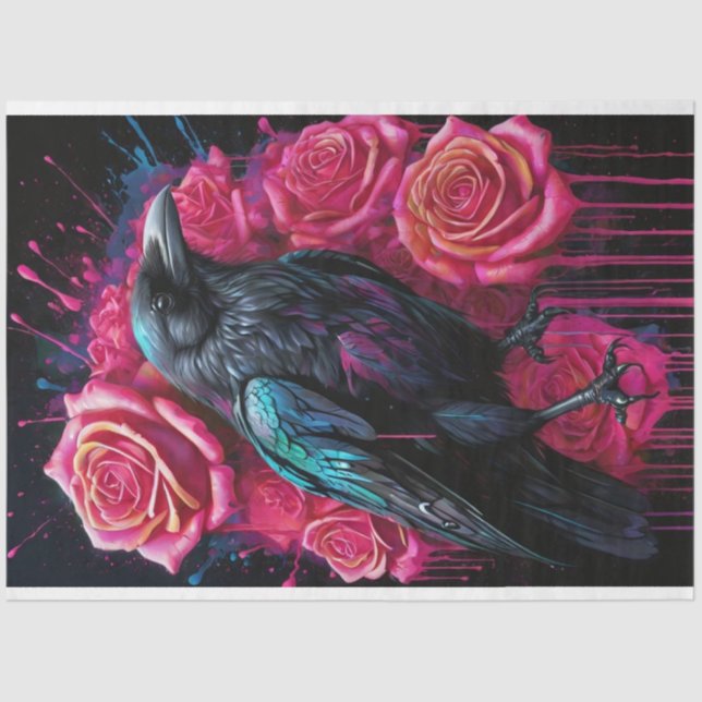 Raven with Neon Pink Roses Pop Art Decoupage  Tissue Paper (Front)