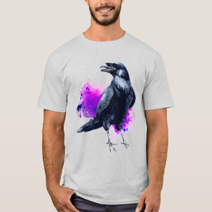 Raven With Purple Watercolor Splash Background T-Shirt