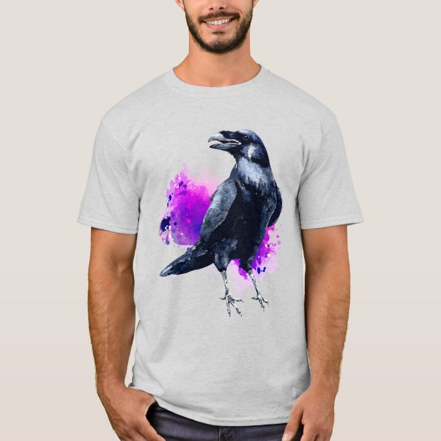 Raven With Purple Watercolor Splash Background T-Shirt (Front)