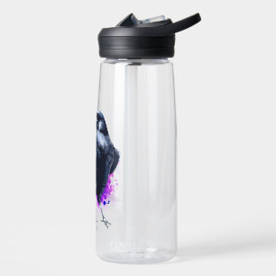 Raven With Purple Watercolor Splash Background Water Bottle
