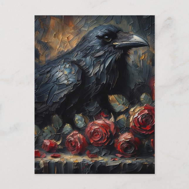 Raven With Red Roses Gothic Art Postcard (Front)