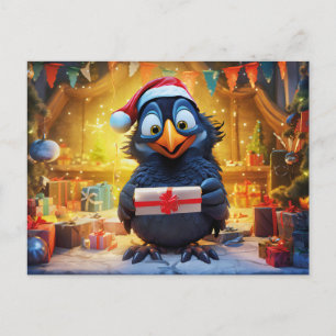 Raven With Santa Hat And Gift In Festive Scene Postcard