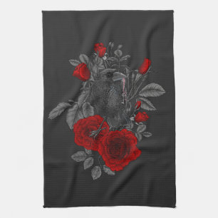 Raven with the key and roses tea towel