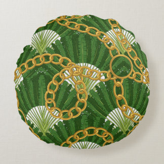Ravenala & Gold Chains: Vintage Elegance Round Cushion