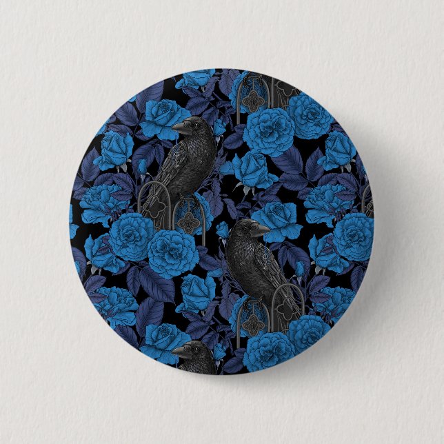 Ravens and  blue roses 6 cm round badge (Front)