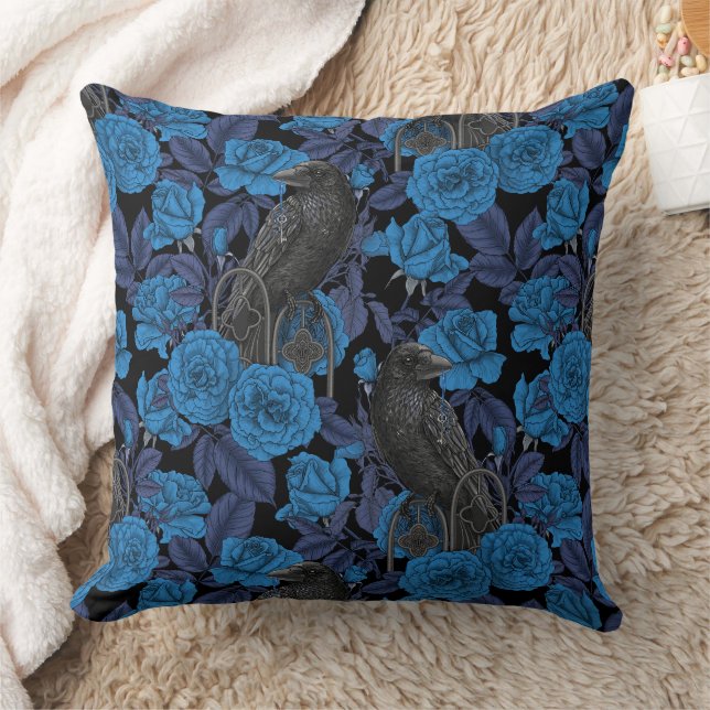 Ravens and  blue roses cushion (Blanket)