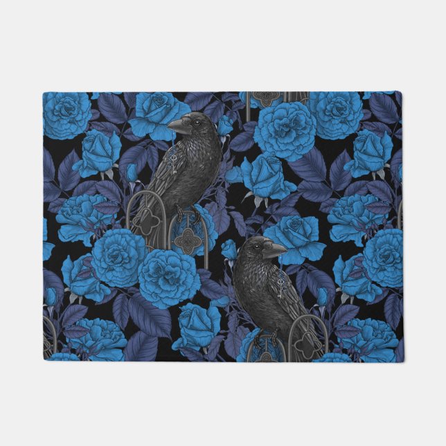 Ravens and  blue roses doormat (Front)