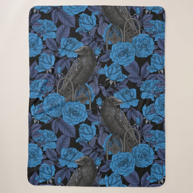 Ravens and  blue roses sherpa blanket (Front)