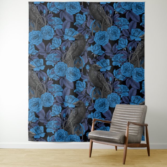 Ravens and  blue roses tapestry (In Situ)