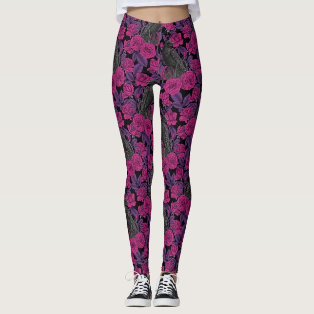 Ravens and pink roses leggings (Front)