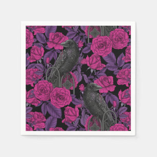 Ravens and pink roses napkin