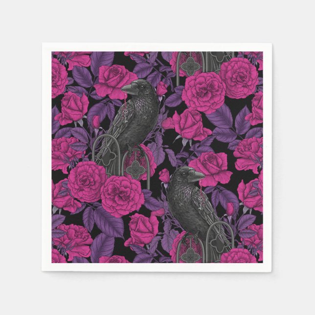 Ravens and pink roses napkin (Front)