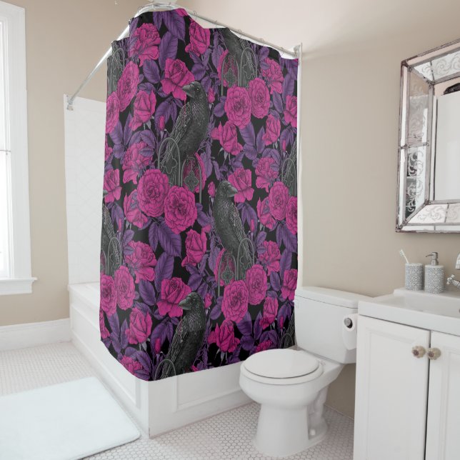 Ravens and pink roses shower curtain (In Situ)