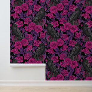 Ravens and pink roses wallpaper