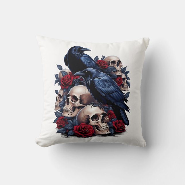 Ravens and Roses: Gothic Skull Design Cushion (Front)