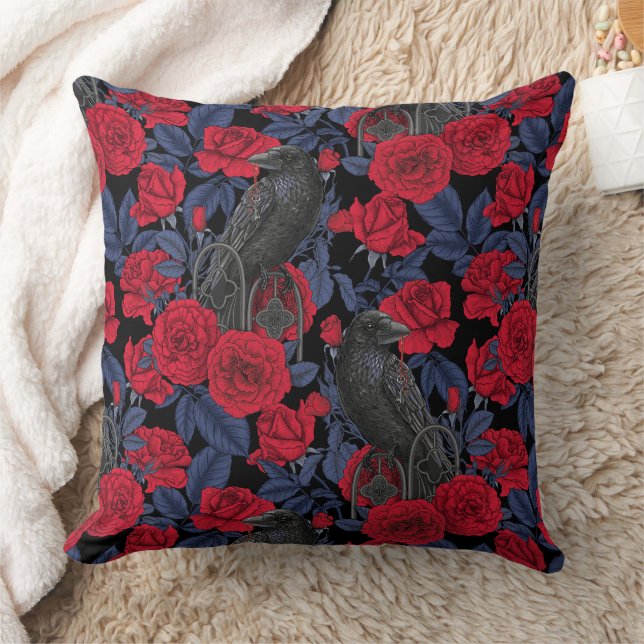 Ravens and roses with dark blue leaves cushion (Blanket)
