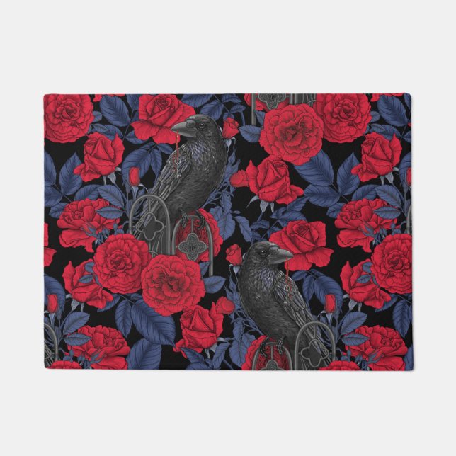 Ravens and roses with dark blue leaves doormat (Front)