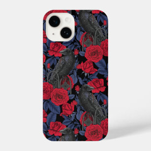 Ravens and roses with dark blue leaves iPhone 14 case