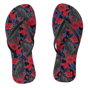 Ravens and roses with dark blue leaves jandals
