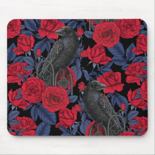 Ravens and roses with dark blue leaves mouse pad