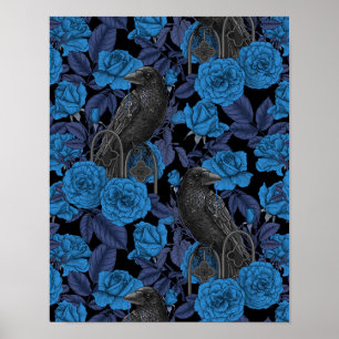Ravens and roses with dark blue leaves poster