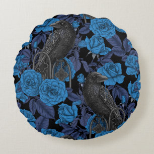 Ravens and roses with dark blue leaves round cushion