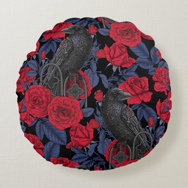 Ravens and roses with dark blue leaves round cushion (Front)