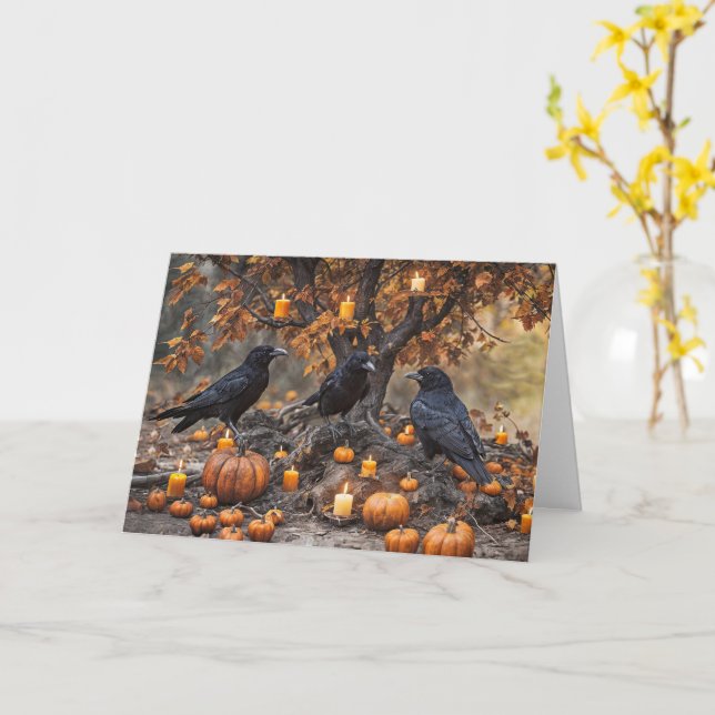 Ravens Crows with Pumpkins Candles Edgar Allan Poe Card (Yellow Flower)