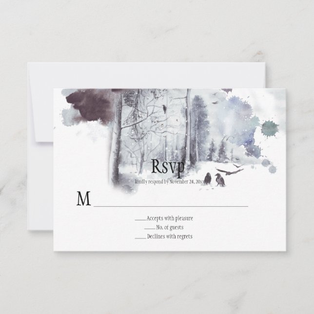 Ravens in Snow Covered Forest Wedding RSVP Card (Front)