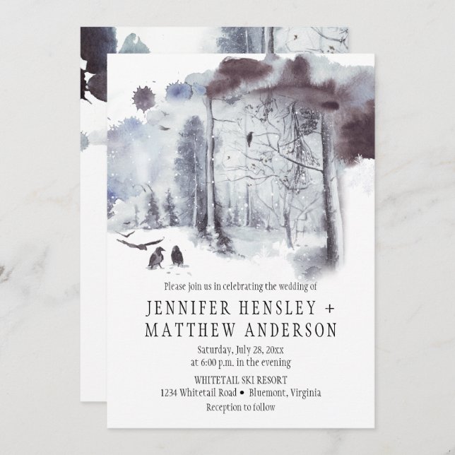 Ravens in the Snow Covered Forest Wedding | Invitation (Front/Back)
