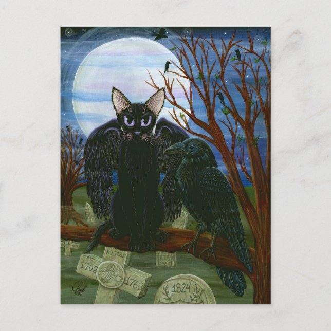 Raven's Moon Black Cat Crow Gothic Art Postcard (Front)