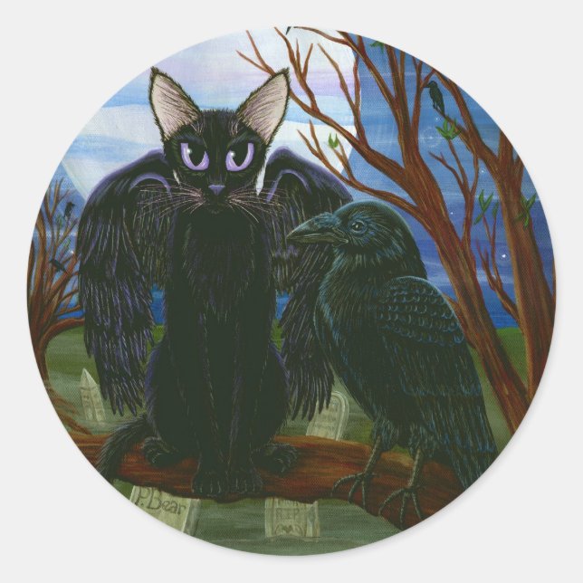 Raven's Moon Black Cat Crow Gothic Fantasy Sticker (Front)