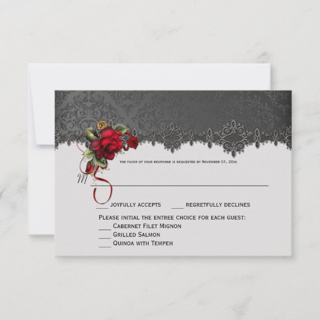 Ravens Red Roses Grey Black Damask RSVP (Front)
