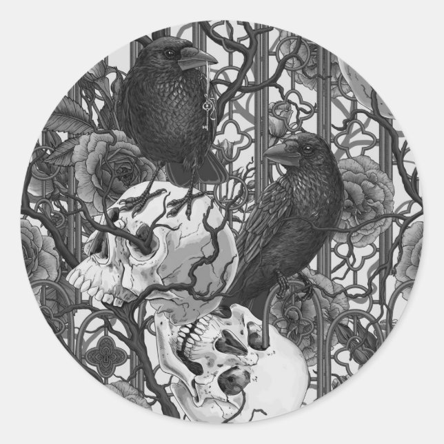 Raven's secret. Dark and moody gothic illustration Classic Round Sticker (Front)