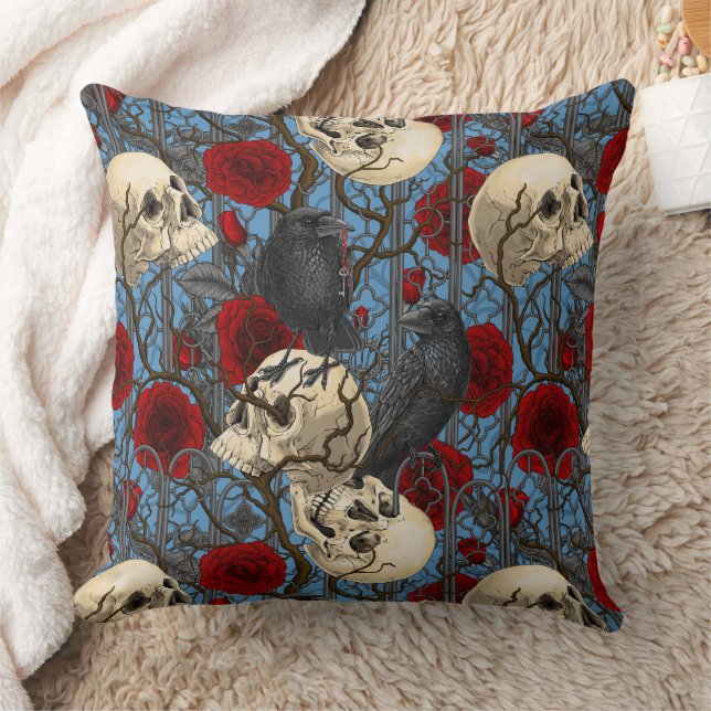 Raven's secret. Dark and moody gothic illustration Cushion (Blanket)