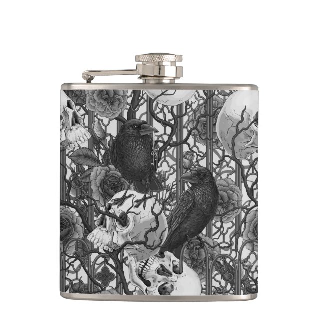 Raven's secret. Dark and moody gothic illustration Hip Flask (Front)