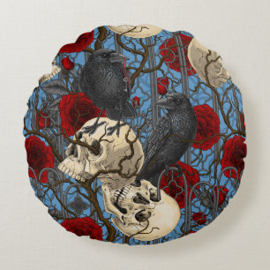 Raven's secret. Dark and moody gothic illustration Round Cushion