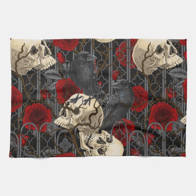 Raven's secret. Dark and moody gothic illustration Tea Towel (Horizontal)