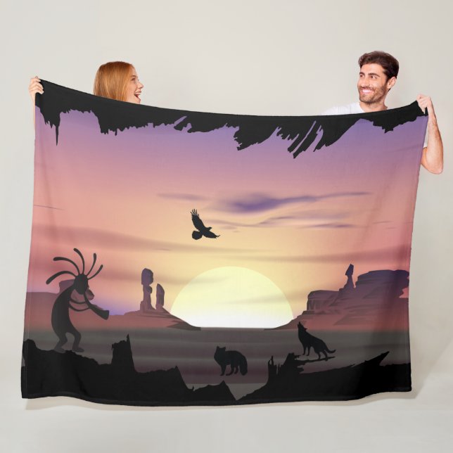 Ravens Wolves Animals Kokopelli Southwest Fleece Blanket (In Situ)