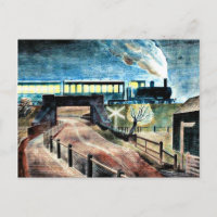 Ravilious art, Train Going over Bridge at Night