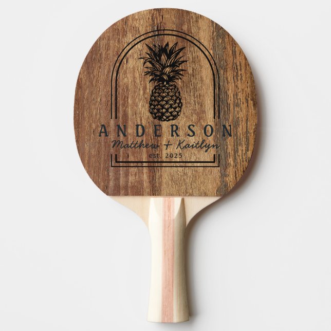 Raw Cedar Wood Pineapple Wedding Arch & Name Ping Pong Paddle (Front)