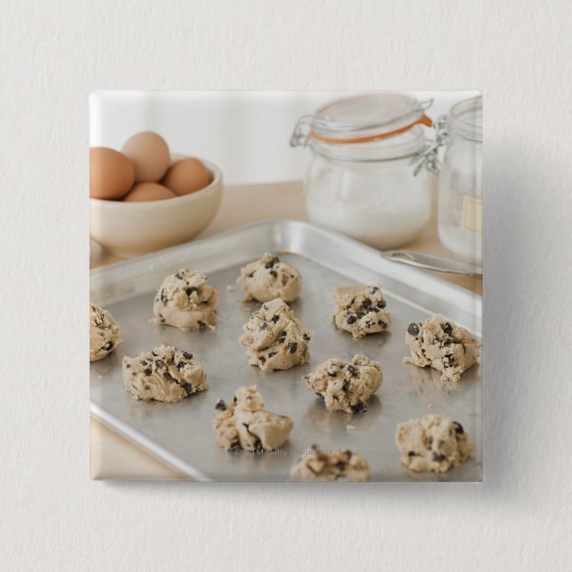 Raw cookies on baking tray 15 cm square badge (Front)