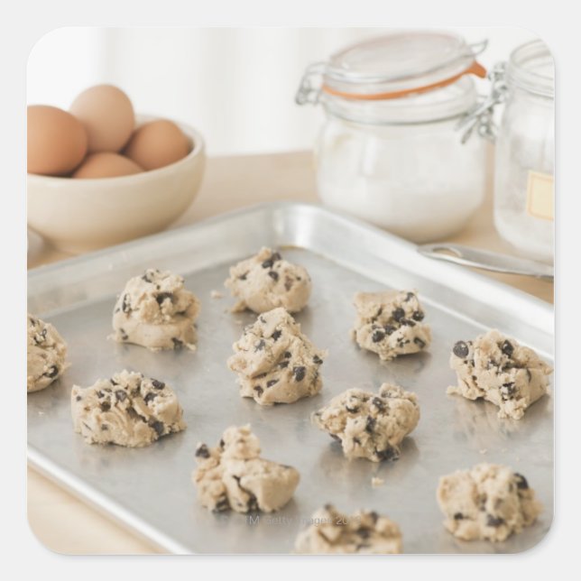 Raw cookies on baking tray square sticker (Front)