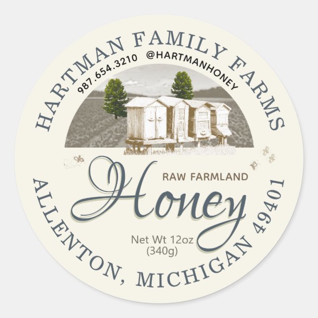 Raw Honey Hives Bees Pine Farm Product Label (Front)