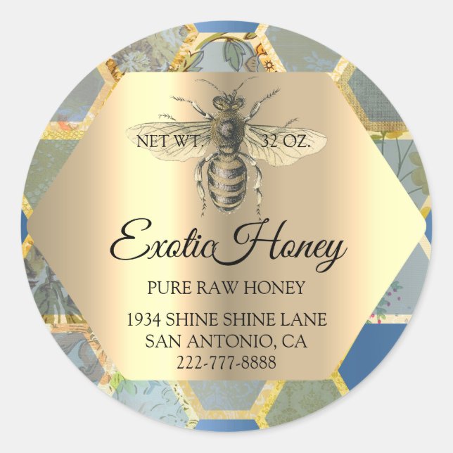 Raw Honey Jar Honeybee Honeycomb Bee Apiary Blue Classic Round Sticker (Front)